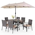 PHI VILLA 7 Pieces Patio Dining Set with Umbrella for 6, 60” Large Metal Iron Dining Table & Cushioned Rattan Wicker Chairs & 13ft Beige Umbrella for Patio, Deck, Yard, Porch
