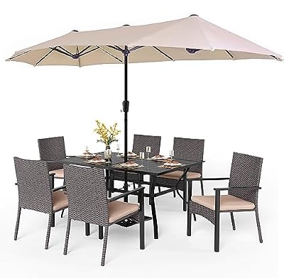 PHI VILLA 7 Pieces Patio Dining Set with Umbrella for 6, 60” Large Metal Iron Dining Table & Cushioned Rattan Wicker Chairs & 13ft Beige Umbrella for Patio, Deck, Yard, Porch