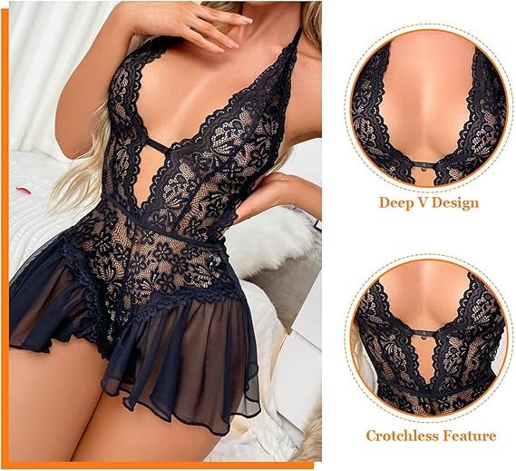 WBDWWTD Babydoll Sexy para Mujer, lencería traviesa de Encaje Floral, Body de Peluche con Escote en V Profundo, Ropa de Dormir de una Pieza sin Espalda, camisón Ahuecado, Falda de Malla, camisón de