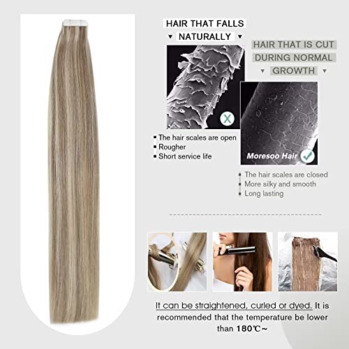 Foto von Moresoo Tape Extensions Echthaar Haarverlängerung Echthaar Tapes Invisible Remy Echthaar Extensions Tape in Hellbraun mit Platinblond Extensions Menschliches Haar 20 Stück 50g/Pack 50 cm #9A/60