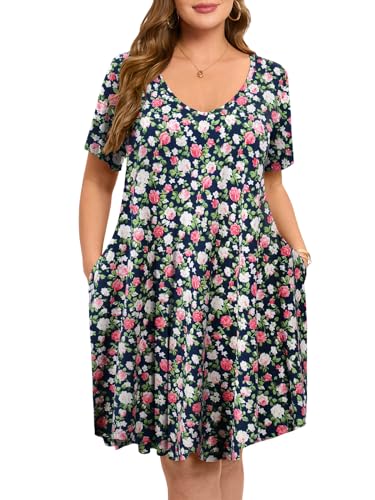 Image of ZENNILO Women's Plus Size Swing Dress with Pockets Casual Summer Dresses V Neck Short Sleeve T Shirt Dress for Women