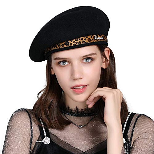 Jeff & Aimy Damen Winter 100% Wolle Barett Mütze Baskenmütze Schirmmütze Wollmütze Schwarz Cover