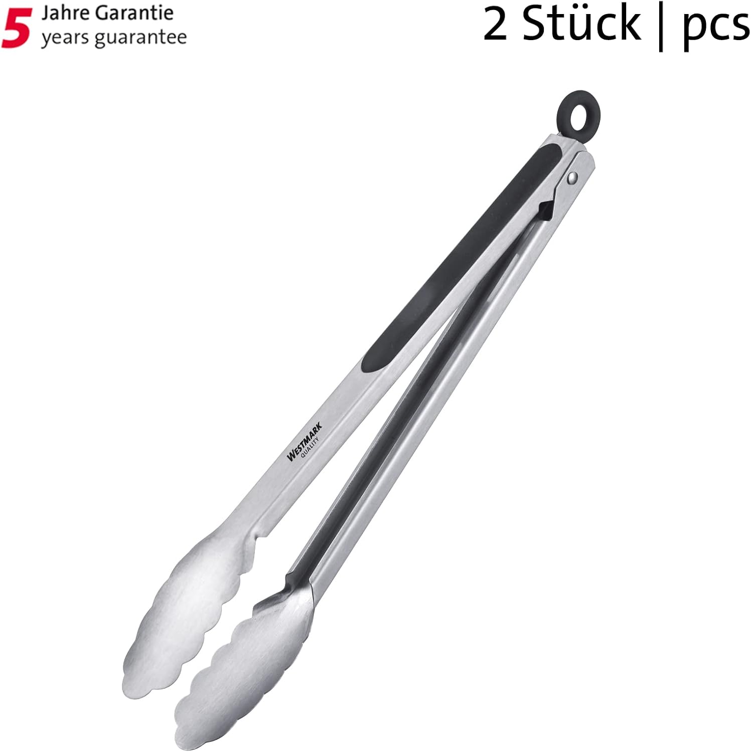 Westmark 2 Grilling/Serving Tongs with Stainless Steel Handles and Rubberized Handles, Length: 35 cm, Stainless Steel/Plastic, Classic Spezial Maxi, Silver/Black, 162522E3