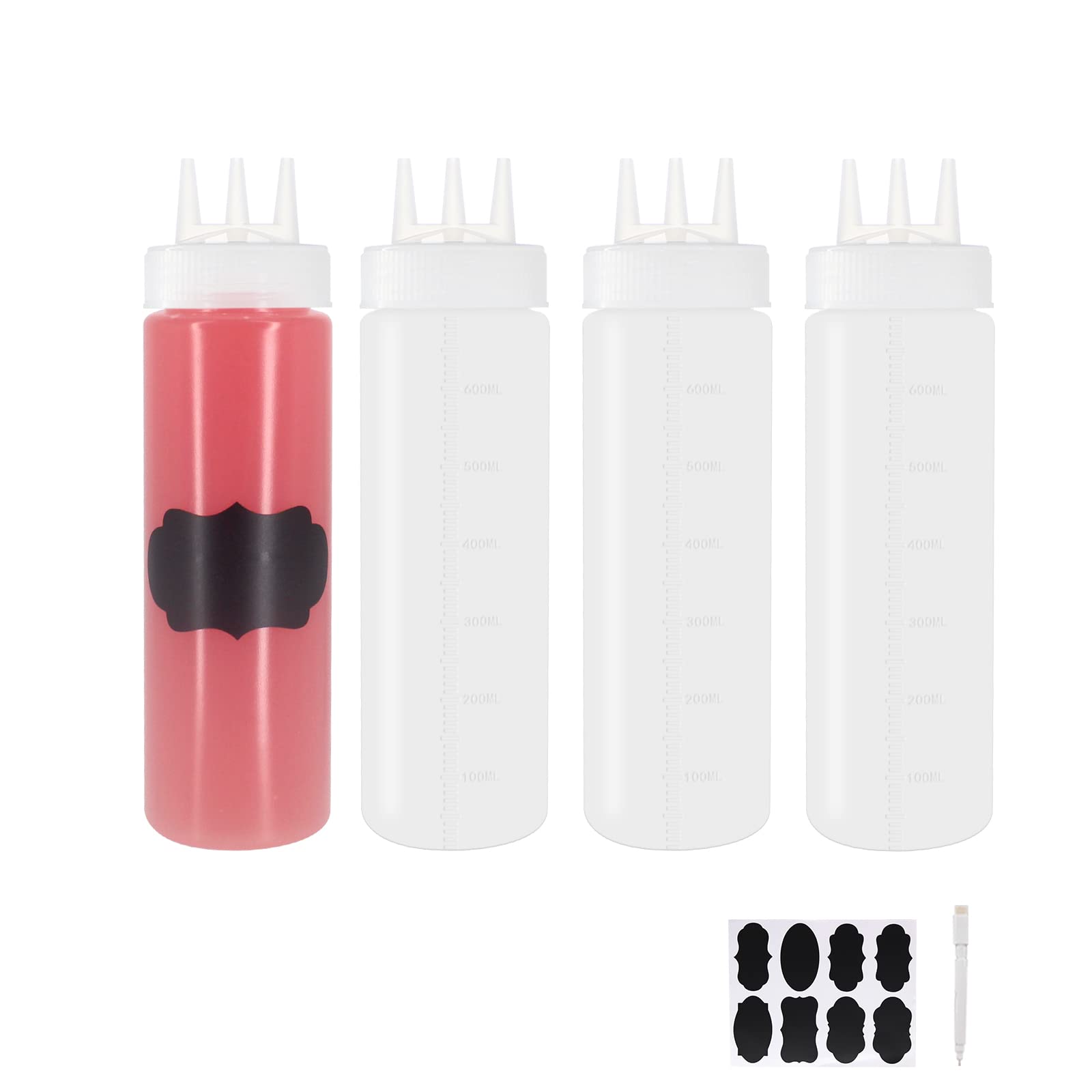 Belinlen Clear 4 Pack 24Oz/700Ml Plastic Squeeze Sauce Bottles, 3-Hole Squirt Condiment Squeezy Bottles Plastic Squeeze Dispensers With Measurements For Ketchup Bbq Dressing Paint Workshop Art Craft