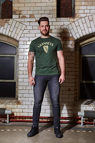 Guinness Vintage Harp Label T-Shirt, Medium - Green Cotton Graphic Short Sleeve Tee