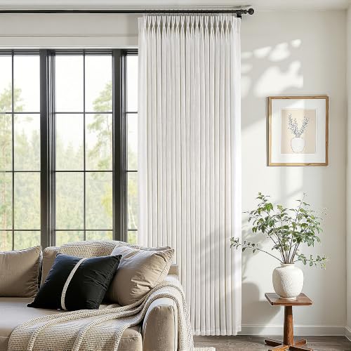 112 Inch Pinch Pleated Linen Curtains for Living Room Thick Flax Pleated Memory Light Filtering Semi Sheer Curtains with Pleated Hooks Back Tab for Track System Cream Ivory Pinch Pleat Window Drapes