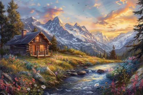 Image of Moohue 14ct Counted Cross Stitch Kits for Adults Mountains House River Printed Stamped Cross Stitch Patterns Kits Cross Stitch Supplies (Beautiful Mountains House River)