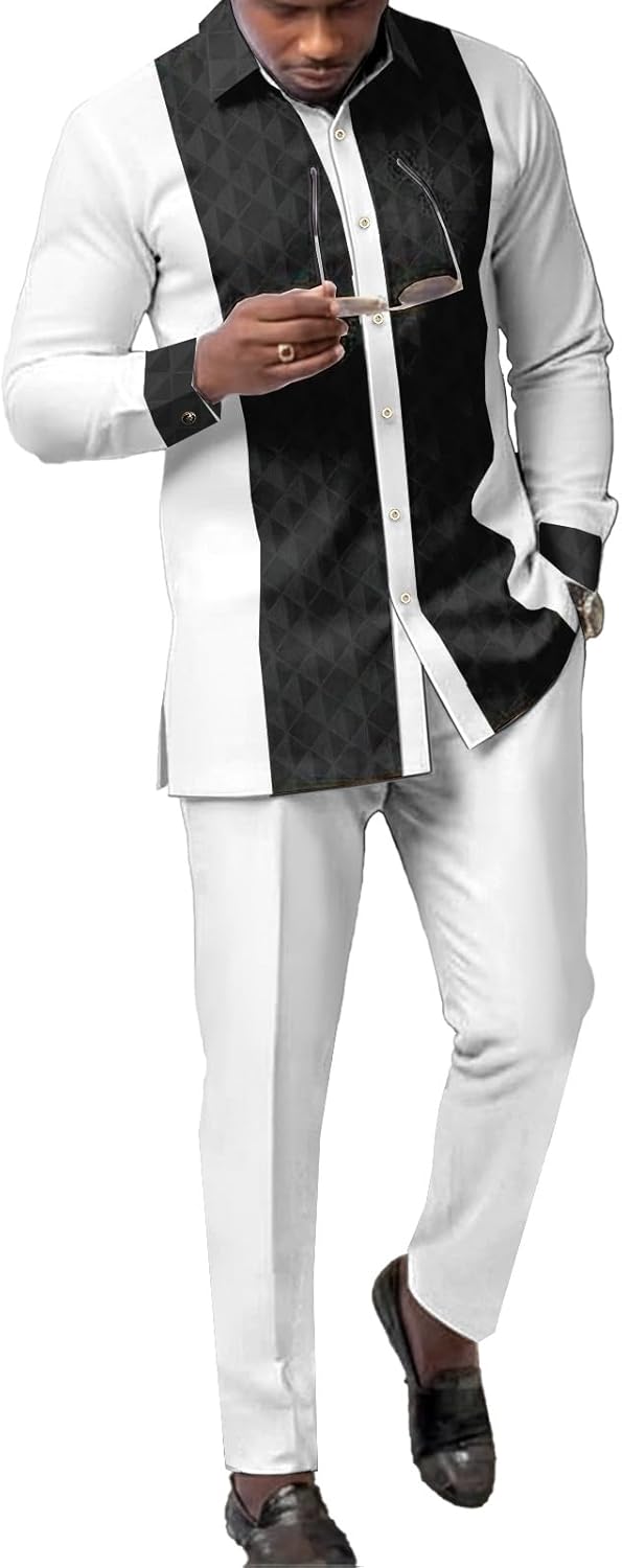 African Dashiki Suit for Men Shirt and Pants Nigerian Kente Outfit 2 Piece Set Wedding Attire Clothing