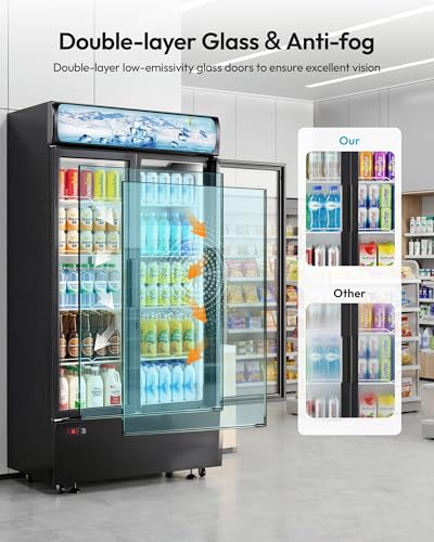 Image of 25 cu.ft Commercial Refrigerators, Beverage Cooler with LED Light, Drink Merchandiser with 8 Adjustable Shelves, 2 Glass Doors, Digital Control, ETL Certified, 32-50FF