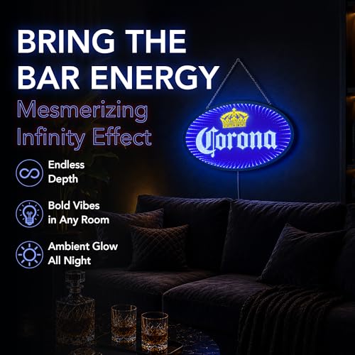 Image of Corona Beer Infinity Mirror LED Neon Light Sign for Man Cave, Home Bar, Garage, Game Room & Pub Decor, Blue Wall Art with 3D Tunnel Lighting Effect, USB Powered Hanging Beer Bar Sign