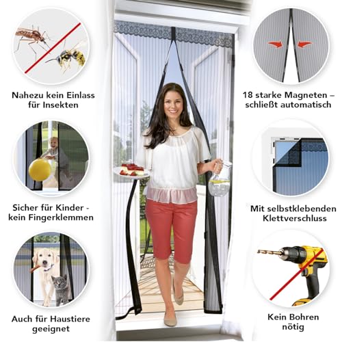 EASYmaxx Fliegengitter Tür mit Magnetverschluss | 90 x 210 cm - ideal für Balkontür, Kellertür & Terrassentür | Einfache Klebemontage ohne Bohren & Schrauben | Zuschneidbarer Insektenschutz [Schwarz]