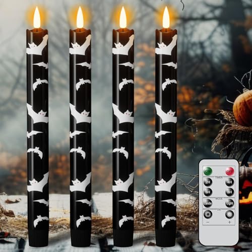 Image of Eldnacele Halloween Bats Flameless Taper Candles Battery Operated with Remote Timer, Set of 4 Black Real Wax 3D Wick LED Flickering Candles Spooky Halloween Indoor Decor(0.78 inch D x 9.64 inch H)