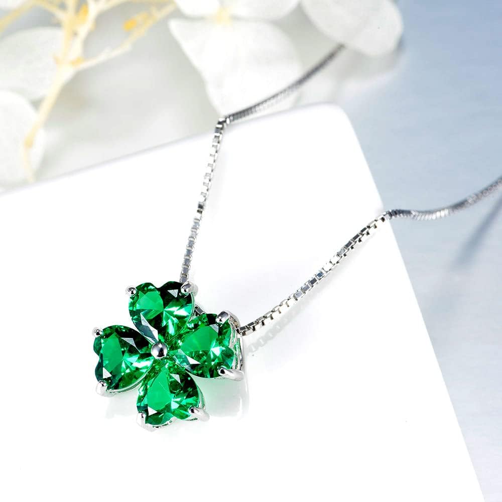 JIANGXIN Colorful Birthstone 925 Sterling Silver Handmade Pendant Necklace for Women Lucky Four Leaf Clover Plant Shamrock Jewelry Rhodium Plated