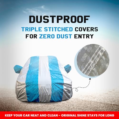 Image of i10 Waterproof Car Cover with Mirror Pockets, Silver /Blue Stripes Design, Non Woven Fabric,Triple Stitched, Compatible with Hyundai i10 Car Cover (2007 to 2017), i10 Car Accessories