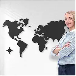 Mapa-Múndi MDF Estilo Geométrico + 150 Pins Adesivos para Marcar Viagens + Molde Instalação (100x56cm)