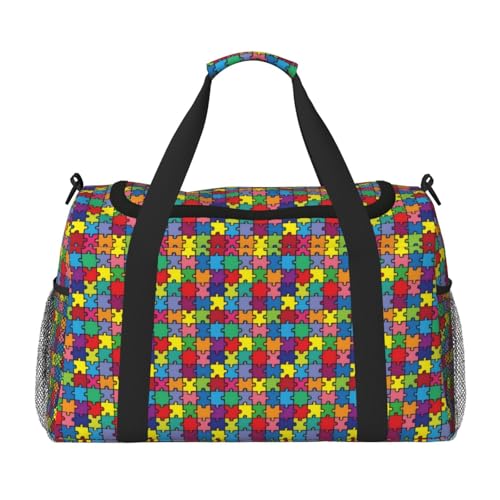 Colorful Puzzle Piece Autism Awareness Travel Duffle Bag – Large Capacity Hand & Shoulder Bag For Sports, Gym, Fishing & Outdoor Adventures