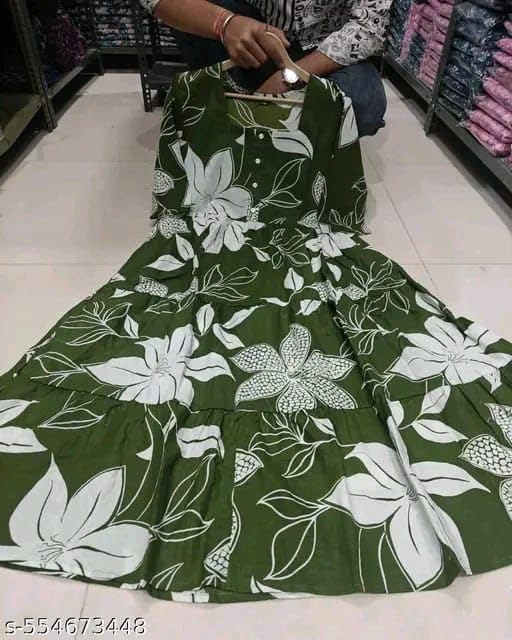 Image of Women's Rayon A-Line Midi Dress, Floral Print, Short Sleeves, Round Neck, Tiered Design