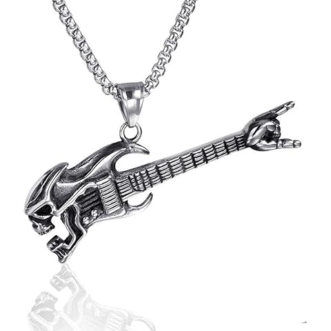 Yerdos Steel Vintage Rock & Roll Punk Guitar Alien Skull Pendant Necklace Fashion Jewelry Necklaces for Men Women Cover
