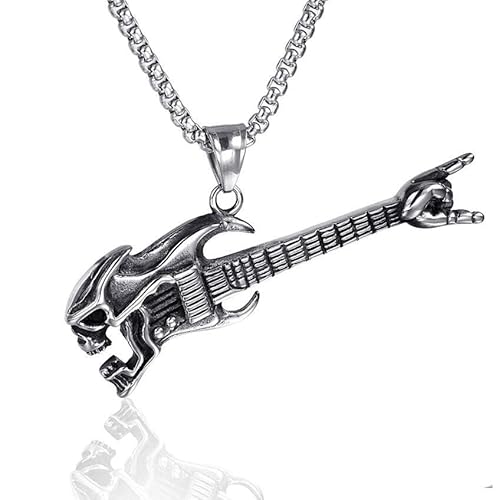 Stahl Vintage Rock & Roll Punk Gitarre Alien Skull Anhänger Halskette Modeschmuck Halsketten für Männer Frauen, Zinklegierung Cover