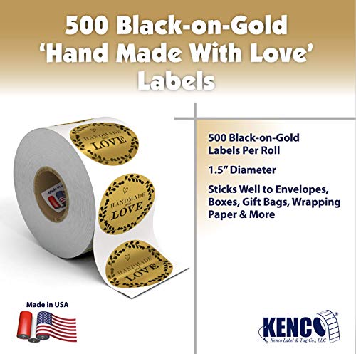 Kenco 1.5" Inch Handmade With Love Stickers, Made In The Usa! For Envelopes, Boxes, Packaging And More - 500 Labels Per Roll (1 Pack 500 Stickers, Gold Foil) #TOP1