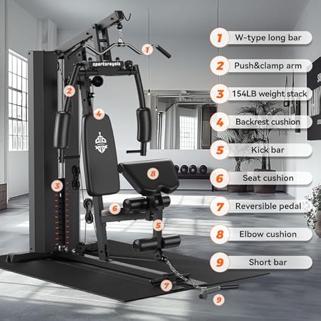 Sportsroyals Home Gym Equipment, 154LBS Weight Stack, Full Body Workout Machine with Pulley System for Strength Training