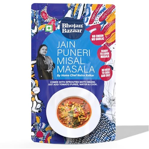 Image of Bhojan Bazaar Jain Puneri Misal Masala 70 g | No Onion No Garlic Ready To Cook in 10 min | Serves 4 | Authentic Puneri Taste Jain Masala with Sprouted Moth Beans | No Added Preservatives