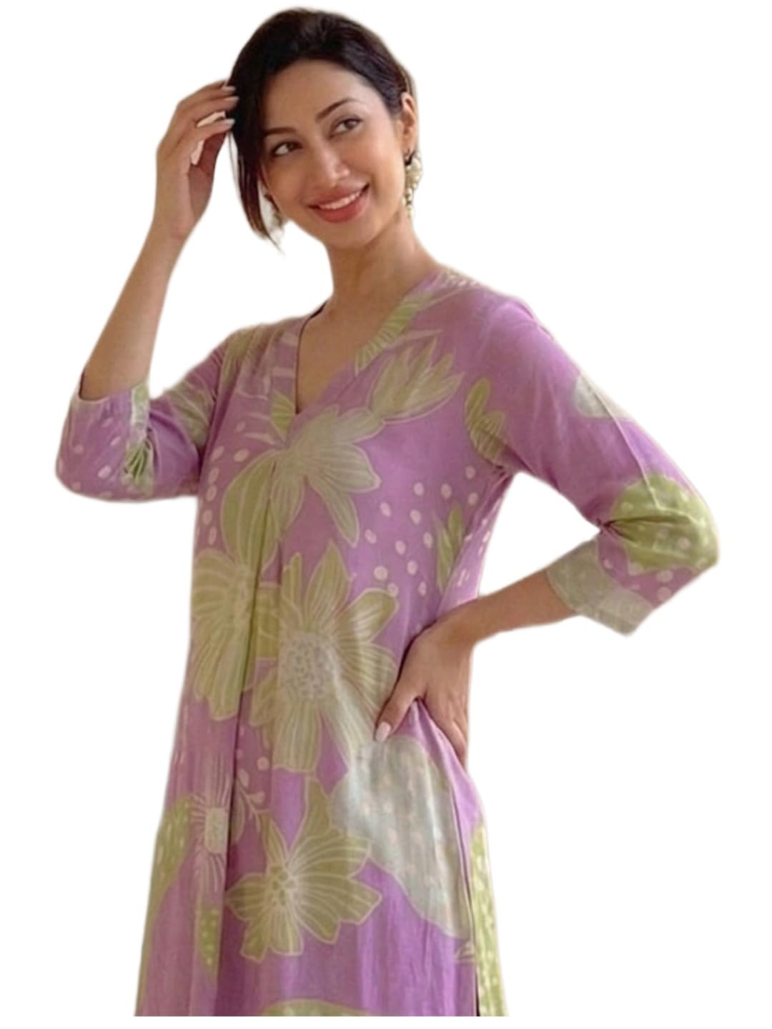 GoSriKi Women Rayon Viscose Straight Printed Kurta Palazzo Set with Floral Pattern, V Neck Kurta, 3/4 Sleeve Design, Comfortable Fit Outfit for Office, Casual Wear and Everyday Styling in multi