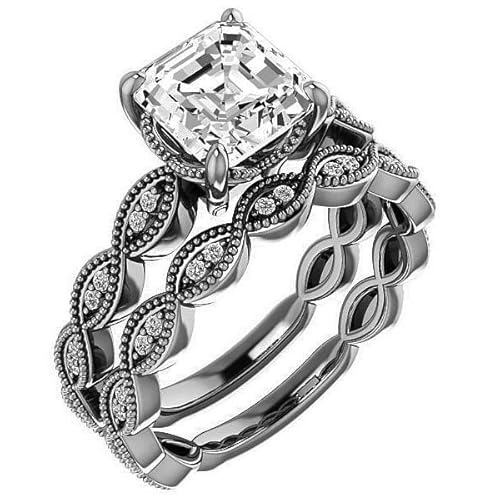Jeweleryn 4 Ct Asscher Moissanite Engagement Ring, Wedding Bridal Ring Set, Diamond Promise Rings, Solitaire Halo, Solid Silver Vintage Antique Anniversary Ring Set (7) #TOP18