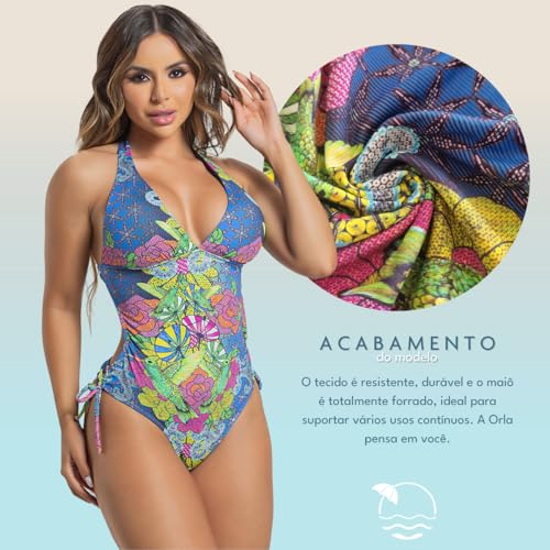Maiô Feminino Engana Mamãe Com Bojo Removível Elegante Luxuoso (BR, Alfa, M, Regular, M, Azul estamp