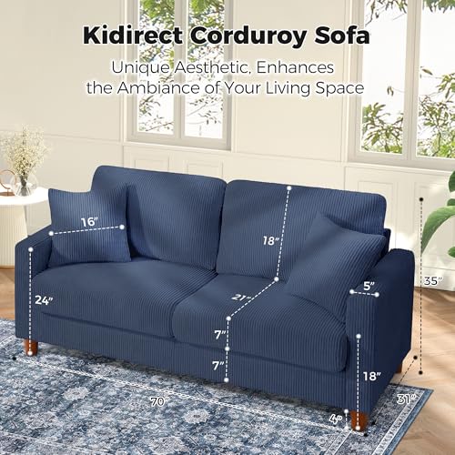 Image of Kidirect 70in L Shaped Couch, Modular Sofa No Tool Assembly, Comfy Sectional Couches for Living Room 21in Deeper Seats, Corduroy Sofas for Living Room with 2 Pillows, Loveseat Sofa Set, Blue Couch