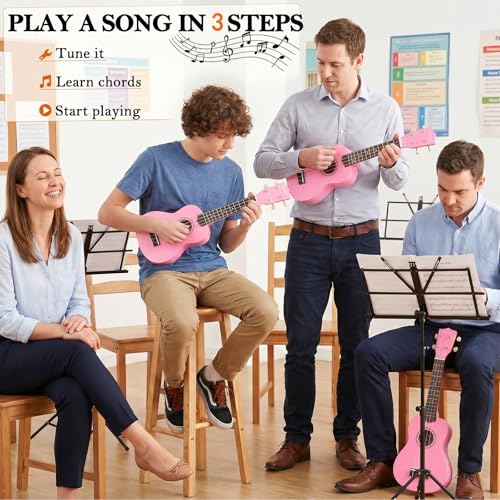 Image of Everjoys Soprano Ukulele Beginner Kit 21 Inch w /Free Online Lesson Gig Bag Tuner Picks Strap, Fast to Learn (Pink)