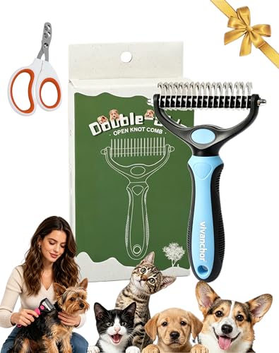 Vivanchor Pet Pro Pet Deshedding Brush for Dogs Cats 2-in-1 Double-Sided Grooming Tool Pet Shedding Remover Rounded-Tooth Comb Dematting Comb for Thick Double Coats (Blue)