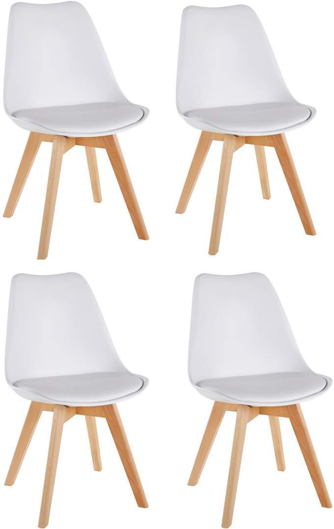 Millhouse Dining Chair with Solid Wood Legs and Cushioned Pad, Contemporary Designer for Lounge, Office, Kitchen (White, Set of 4)