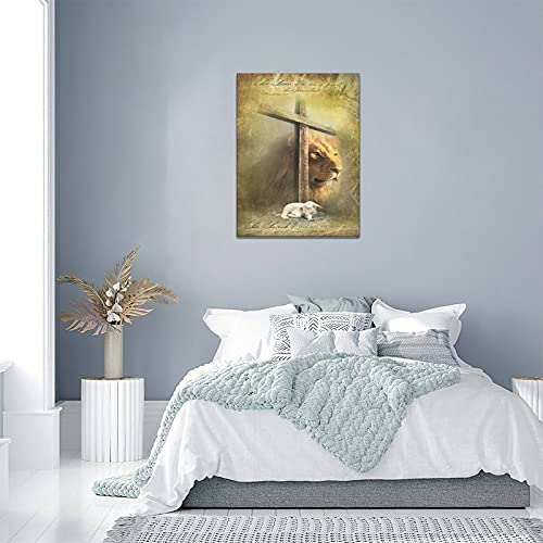 Lion King And Lamb The Cross Wall Art Decor Jesus Cross Christian Religious Painting Canvas Print Vintage Christ Poster Artwork Farmhouse Decorations Framed For Bedroom Living Room 12X16 Inches #TOP5