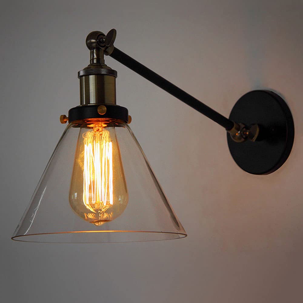 SXECAEPS Vintage Glass Wall Lamp Loft Black Sconce, E27 Edison Sconces Lighting Fixture, Home Decor Arm Lights Indoor Wash Lights, Bedroom Bedside Reading Lamps