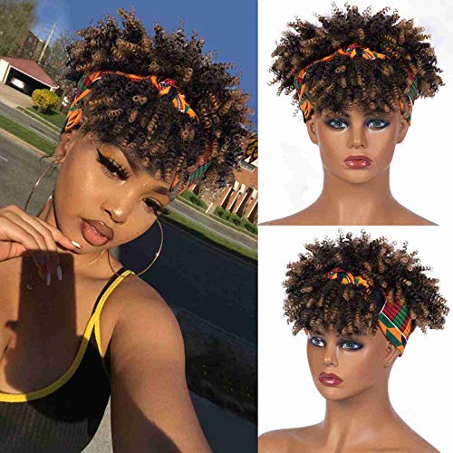 Short Afro Kinky Curly Headband Wig Ombre Wigs Headband Wig Head Wrap Wigs 2 in 1 Headband Wigs Mix Orange Turban Afro High Puff Wigs Synthetic Scarf Wigs