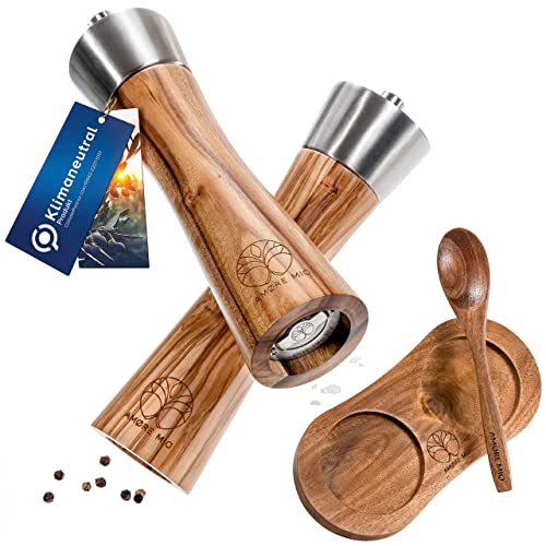 AMØRE MIO® Salz- und Pfeffermühlen mit Untersetzer (2er Set, 21 cm) | 100% plastikfrei...