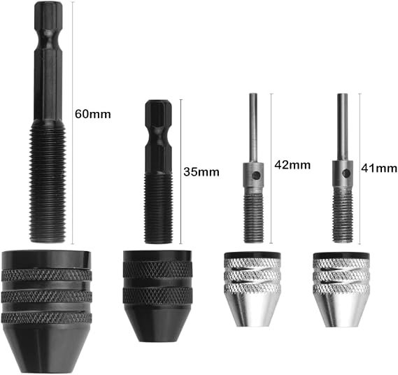 TOVOT 4PCS Drill Chucks Assortment Set Keyless Drill Chuck Adapters with 1/4 Hex Shank, 1/8 and 1/16 Round Shank Drill Bit Adapters