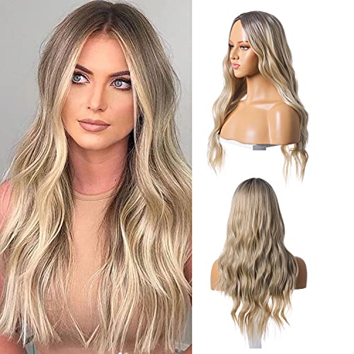Blonde Wigs Long Body Wave Wig Ombre Blonde Wig Curly Wigs with Dark Roots 26 Inches Synthetic Wig Middle Part Loose Wavy Wigs Heat Resistant Ash Blonde Wigs for Daily Party Cosplay Halloween