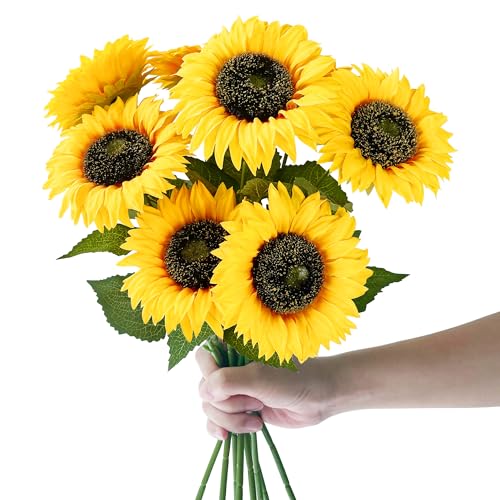 ROLLWAY 8 Bouquets Tournesols Fleurs Artificielles Tournesol Fleur Réaliste en Soie Tournesols Décoratifs en Faux avec Tige Unique pour Décoration de...