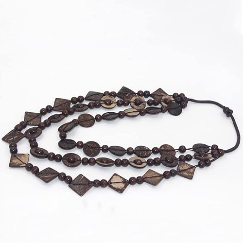 Hiacecop Bohemian Coconut Shell Wood Bead Necklace Colorful Layered Handmade Wooden Beaded Long Choker Necklace For Women Girl Holiday Jewelry-Brown #TOP2