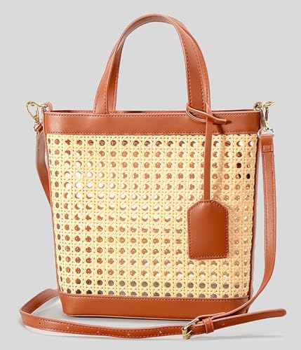 Rattan Tote Bag for Women Straw Beach Bag Crossbody Purse PU Leather Summer Shoulder Bag Cute Boho Purses Tote Handbag
