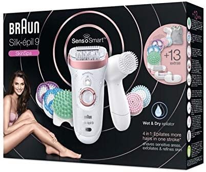 Braun Silk-épil 9 SensoSmart 9/970 Epilator with various exfoliation brushes.