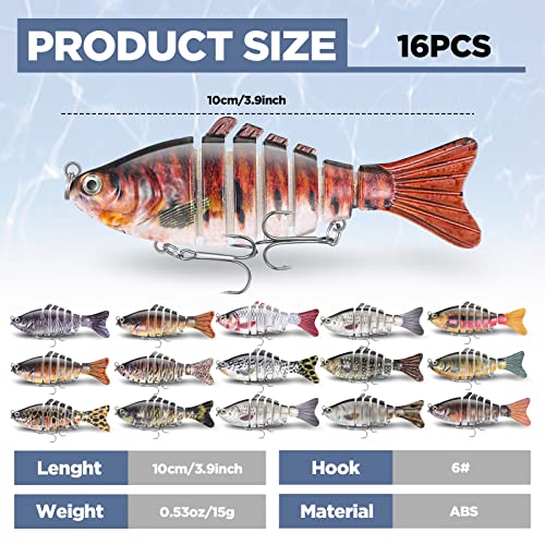 Talltalk 16 Pcs Fishing Lures for Bass Trout Perch Freshwater Trout Perch Freshwater Swimming Fishing Bait Swimbaits for Bass Slow Sinking Lifelike Fish Kit, Multi Jointed