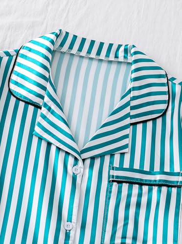 Image of Remidoo Women's Silk Satin Pajama Set Striped Button Down Pjs Short Sleeve Loungewear Green X-Large