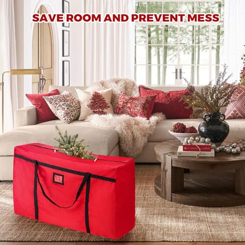 Image of Christmas Tree Storage Bag, Fits 4-5 Ft Artificial Trees, Red | Wide Dual-Zipper Opening, Reinforced Handles, Clear Label Pocket, Tear-Resistant 600D Oxford, Dust and Moisture Protection