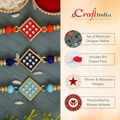 Image of eCraftIndia Set of 3 Pearl Diamond Rudraksha Designer Rakhis for Brother Bhaiya Bhai | Roli Chawal Pack | Raksha Bandhan Rakhi