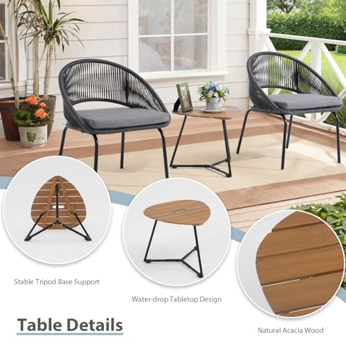 Yangming Patio Furniture Set, 3 Piece Outdoor Bistro Chair Conversation Sets Woven Rope with Wood Coffee Table for Yard Backyard Lawn Garden Porch Backyard Deck Poolside Balcony