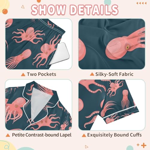 senya Cartoon Cute Octopus Satin Summer Pajama Sets Silk Short Sleeve Button Down Sleepwear3