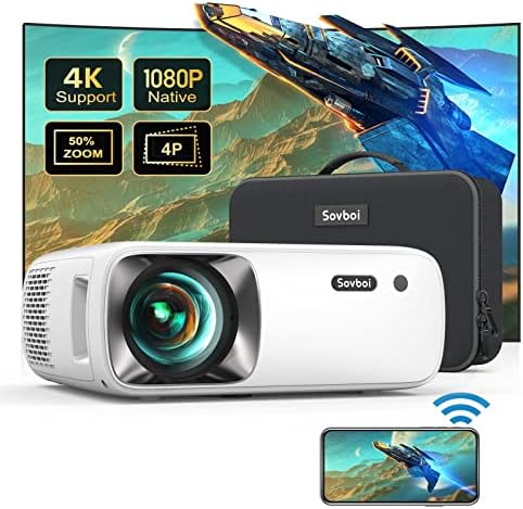 5G WiFi Outdoor Bluetooth Projector 4K Supported: 18000L 480 ANSI Native 1080P Projector, 4D/4P Keystone 400'' & 50% Zoom Sovboi Mini Movie Projector, SOI-Smart System Portable Projector for Phone/PC